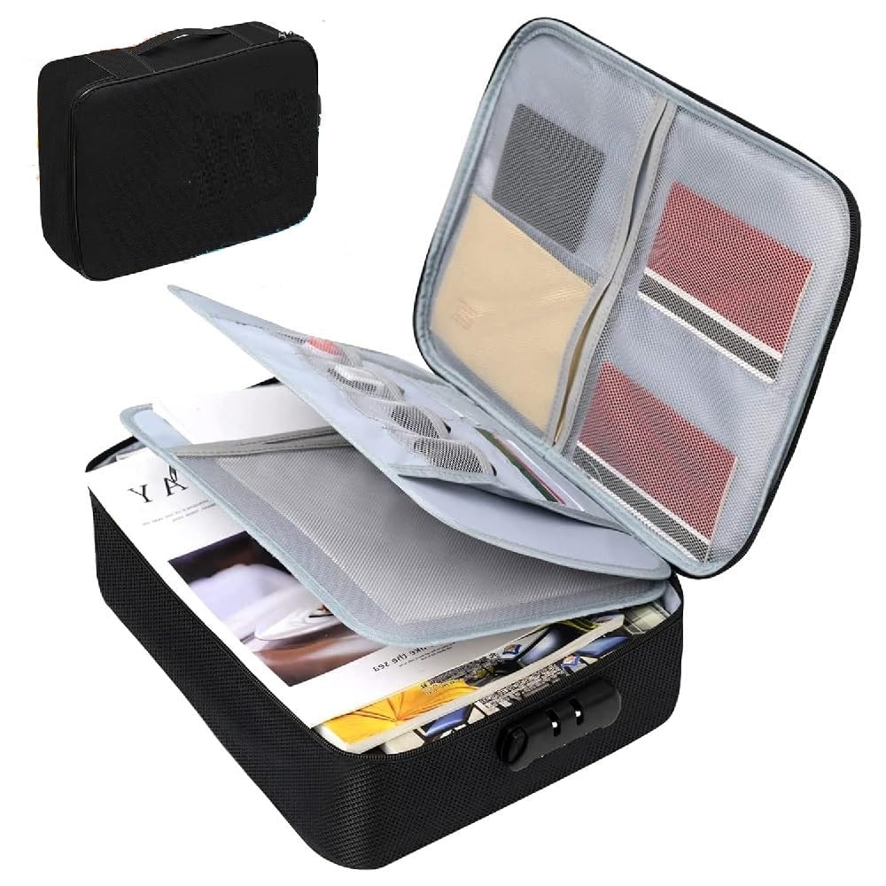 Multi-layer waterproof document bag in black by 18049, lockable travel organizer for certificates, files, and important documents.