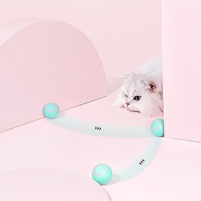 Interactive cat toy ball with LED light, 360° self-rotating electric motion, USB rechargeable, designed for pets.