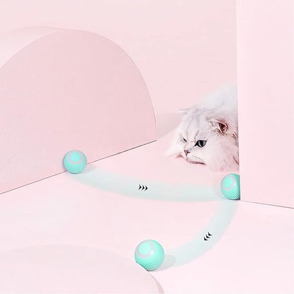 Interactive cat toy ball with LED light, 360° self-rotating electric motion, USB rechargeable, designed for pets.