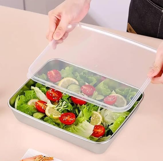 Stainless steel storage plate and baking tray with non-stick surface and cover, ideal for food storage and baking.