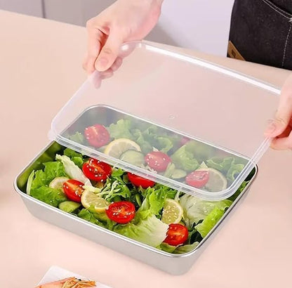 Stainless steel storage plate and baking tray with non-stick surface and cover, ideal for food storage and baking.