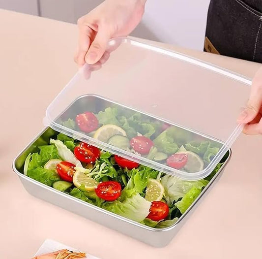 Stainless steel storage plate and baking tray with non-stick surface and cover, ideal for food storage and baking.