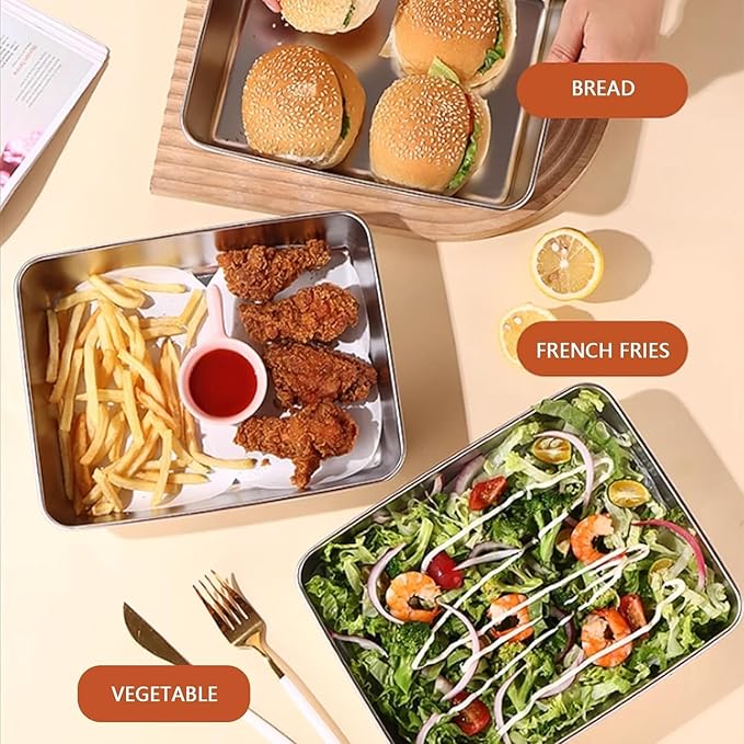 Stainless steel storage plate and baking tray with non-stick surface and cover, ideal for food storage and baking.