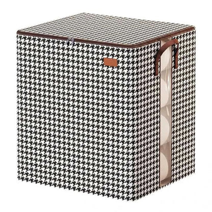 Foldable bedding storage bag with handle, strong zipper, and clear window for easy organization and visibility of blankets or bedding.