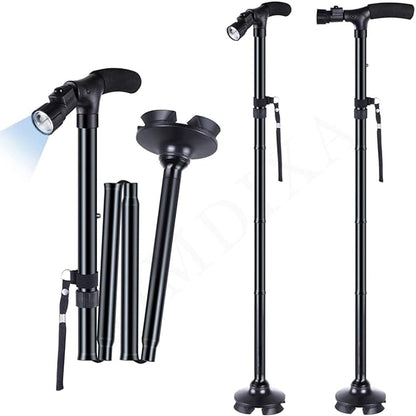 Folding cane with LED light, non-slip grip handle, collapsible walking stick for men and women, designed for adults.