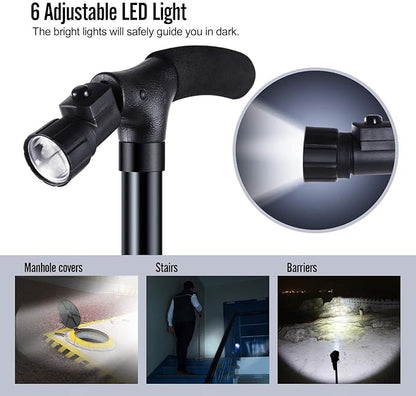 Folding cane with LED light, non-slip grip handle, collapsible walking stick for adults, suitable for men and women.