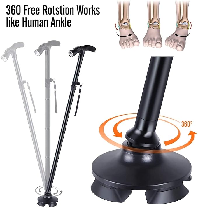 Folding cane with LED light and non-slip grip handle, collapsible walking stick for men and women, suitable for adults.