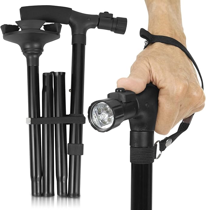 Folding cane with LED light, non-slip grip handle, for men and women, collapsible walking stick for adults.