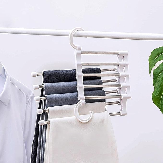 Stainless steel 5-in-1 multi-layer wall hook hanger with non-slip design for space-saving closet organization and versatile clothes hanging.