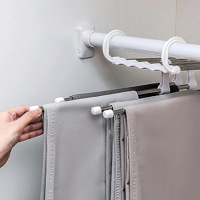 Stainless steel 5-in-1 wall hooks hanger with multi-layer, space-saving design, non-slip, folding closet organizer for clothes.