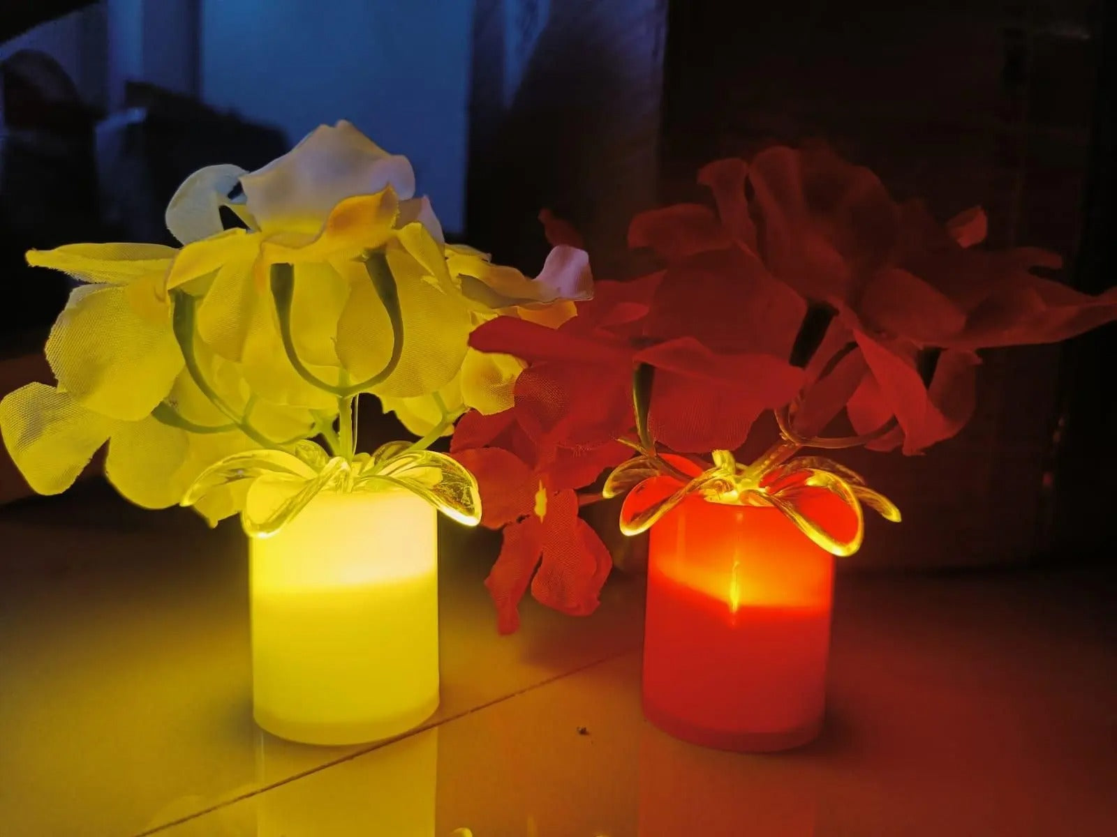 Red and yellow LED Diwali mood lights set for bedroom decor, 2-piece interior lighting by 18051 for festive ambiance.