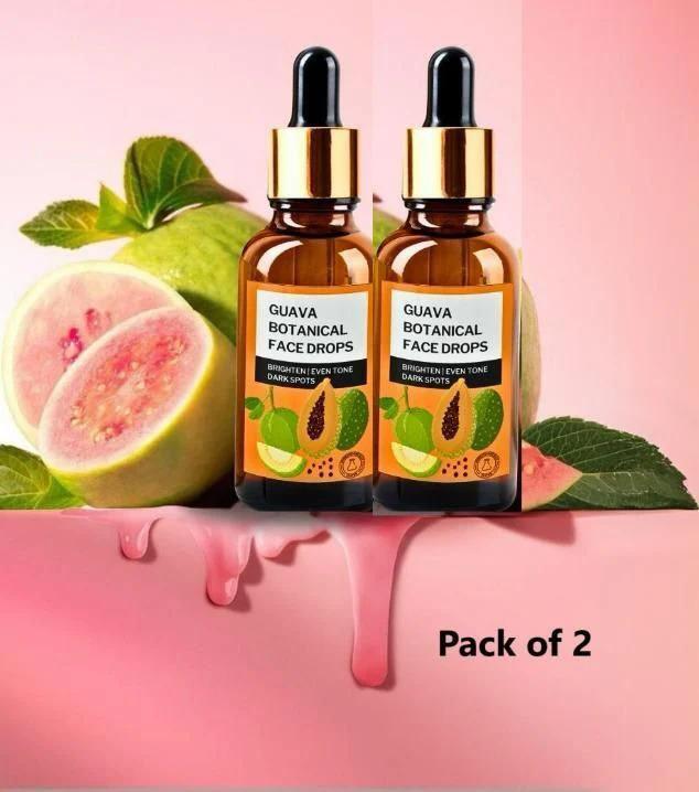 Two bottles of 18051 Guava Botanical Face Drops, natural face oil and serum for skincare, displayed side by side.