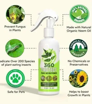 Pure Neem Plant Protection Spray in a spray bottle, designed for protecting plants from pests and infections.