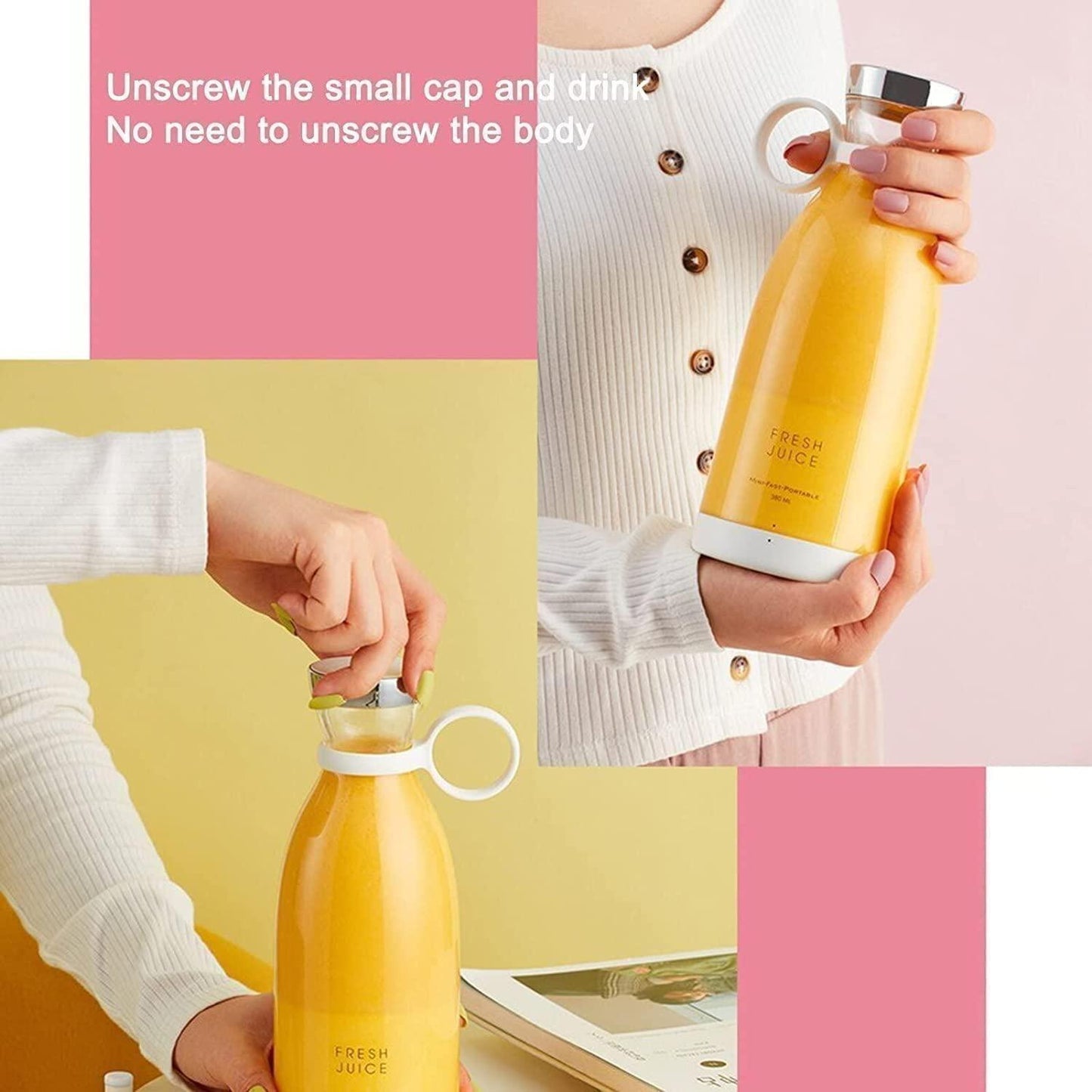 Assorted electric portable mini juicer bottles with bulb-shaped design in various colors, compact for on-the-go freshness.