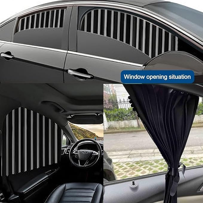 Multicolor universal fit magnetic car side window sunshade curtain providing privacy and sun protection for vehicle windows.