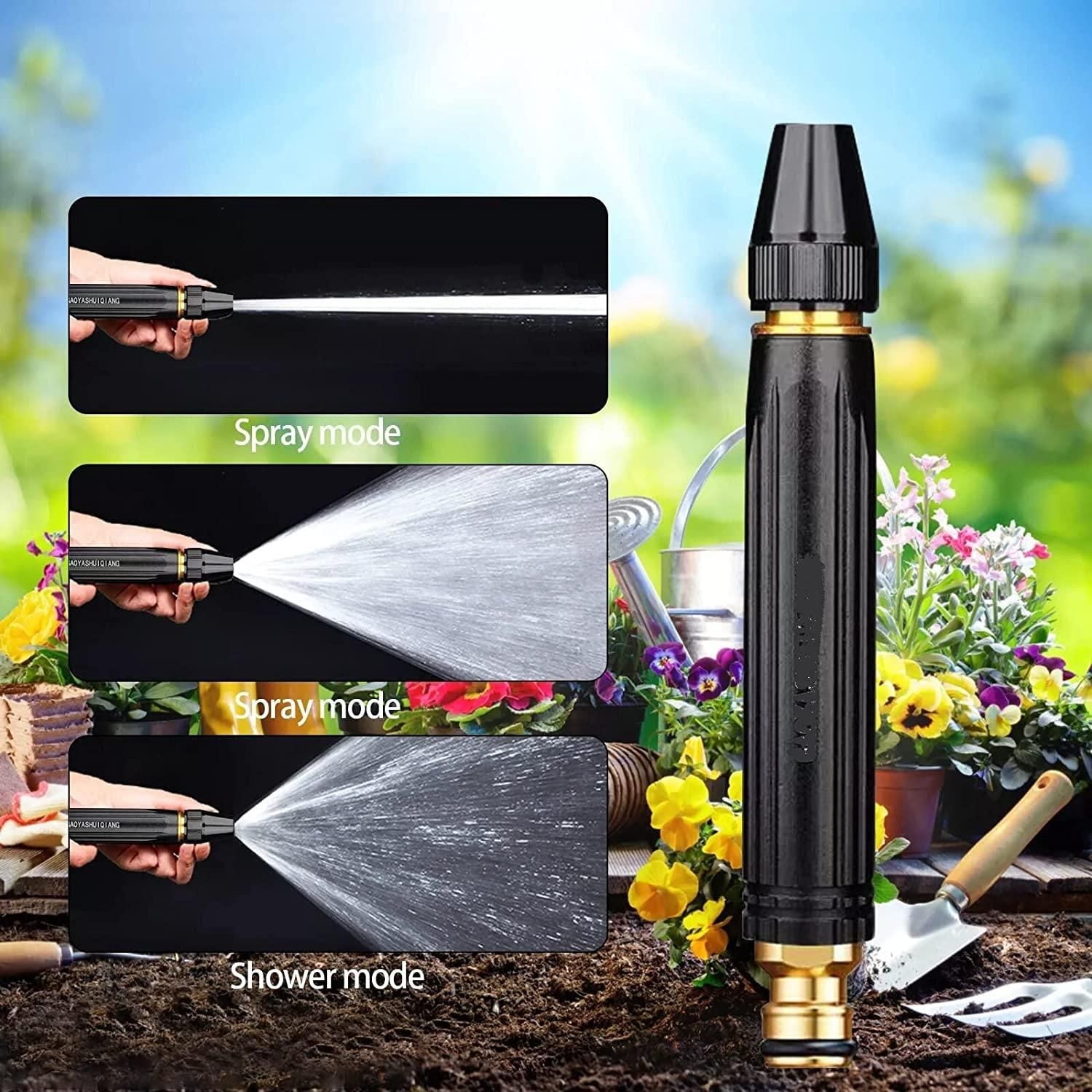 Black 18052 portable high-pressure hose nozzle with three attachments for effective water washing and cleaning.