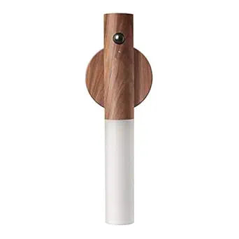 Brown glass and wood LED night light with motion sensor, battery-operated, rechargeable, ideal for corridors, stairs, and bedrooms.