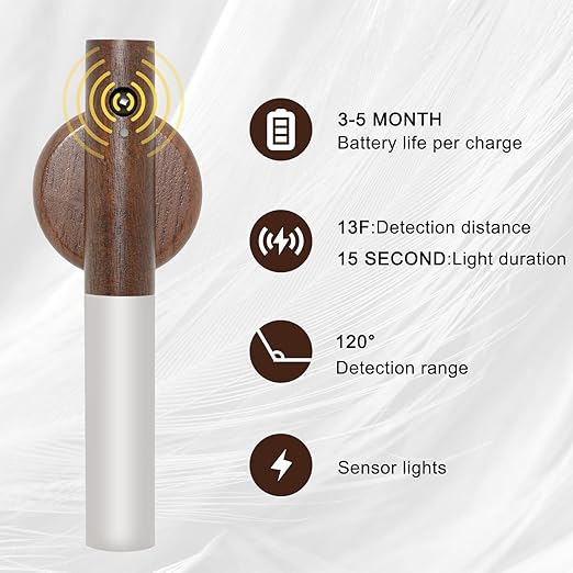Brown glass wood LED night light with motion sensor, battery-operated, wireless wall light suitable for corridors, stairs, bedrooms.
