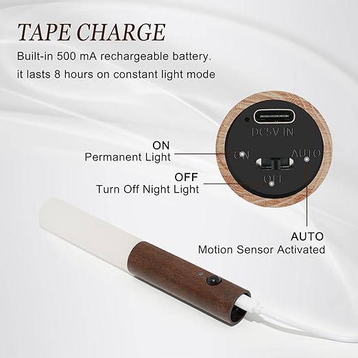 Brown glass and wood LED night light with motion sensor, battery-operated, rechargeable, wireless wall light for stairs, corridors, bedrooms.