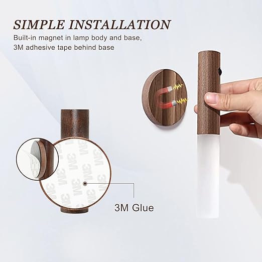 Brown glass and wood LED night light with motion sensor, battery-operated, rechargeable, wireless wall light for corridors, stairs, and bedrooms.