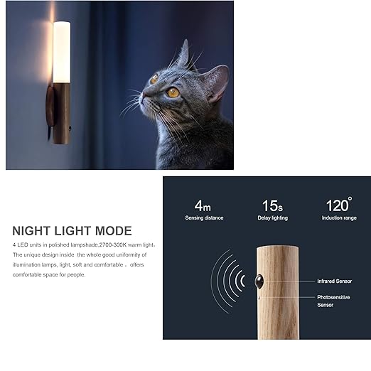 Brown glass wood LED night light with motion sensor, battery-operated, rechargeable, wireless wall light suitable for corridors and bedrooms.