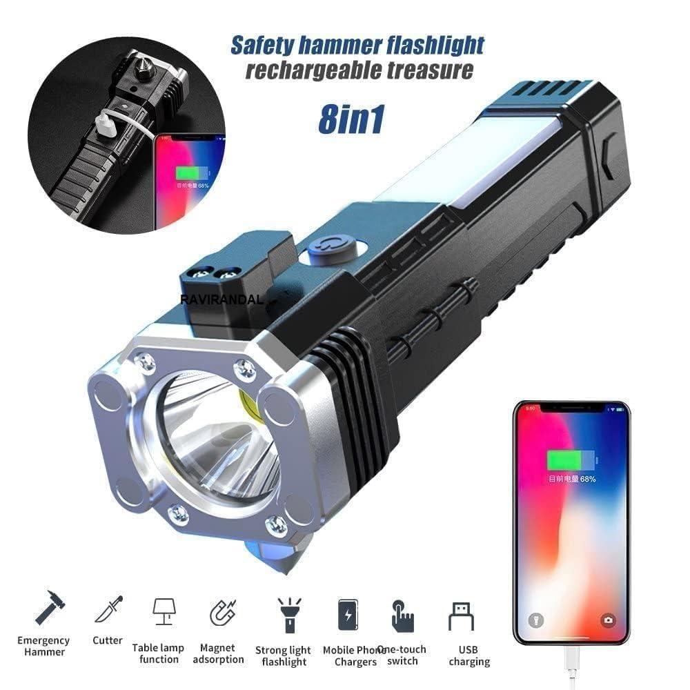 Black 8-in-1 portable rechargeable LED torch flashlight by 18052, showing multiple lighting modes and compact design.