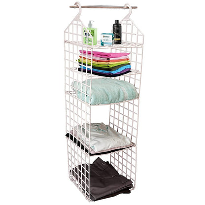 White 5-layer folding plastic clothes storage rack with hanging organizer, ideal for dormitory closets and wardrobe shelves.