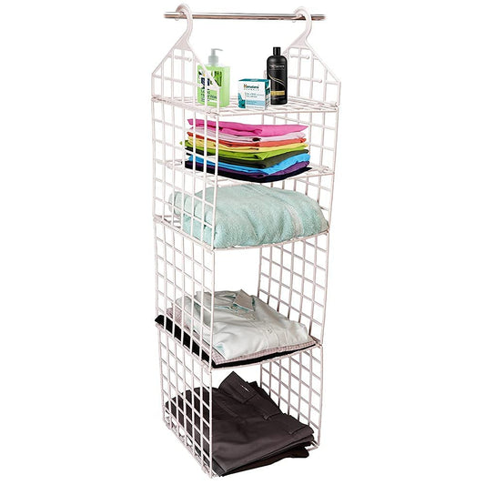White 5-layer folding plastic clothes storage rack with hanging organizer, ideal for dormitory closets and wardrobe shelves.