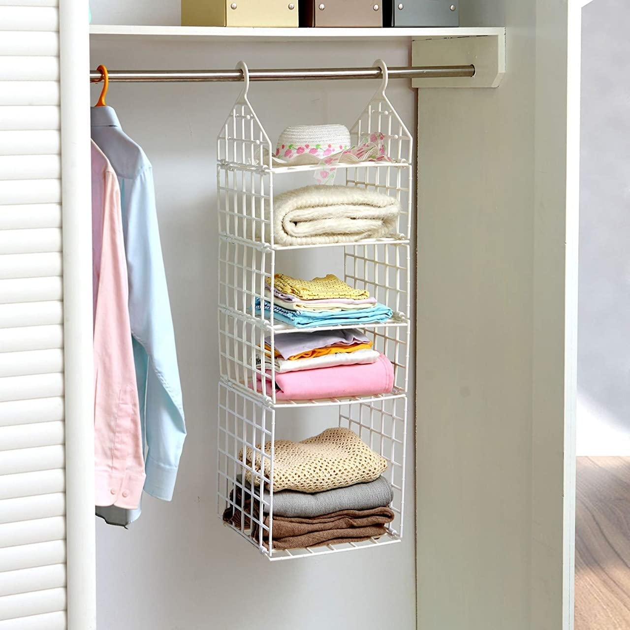 White 5-layer plastic clothes storage rack with hanging organizers, ideal for dormitory closets and wardrobe organization.