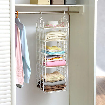 White 5-layer plastic clothes storage rack with hanging organizers, ideal for dormitory closets and wardrobe organization.