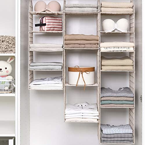 White 5-layer folding clothes storage racks with hanging organizer and shelves for dormitory closets and wardrobe organization.