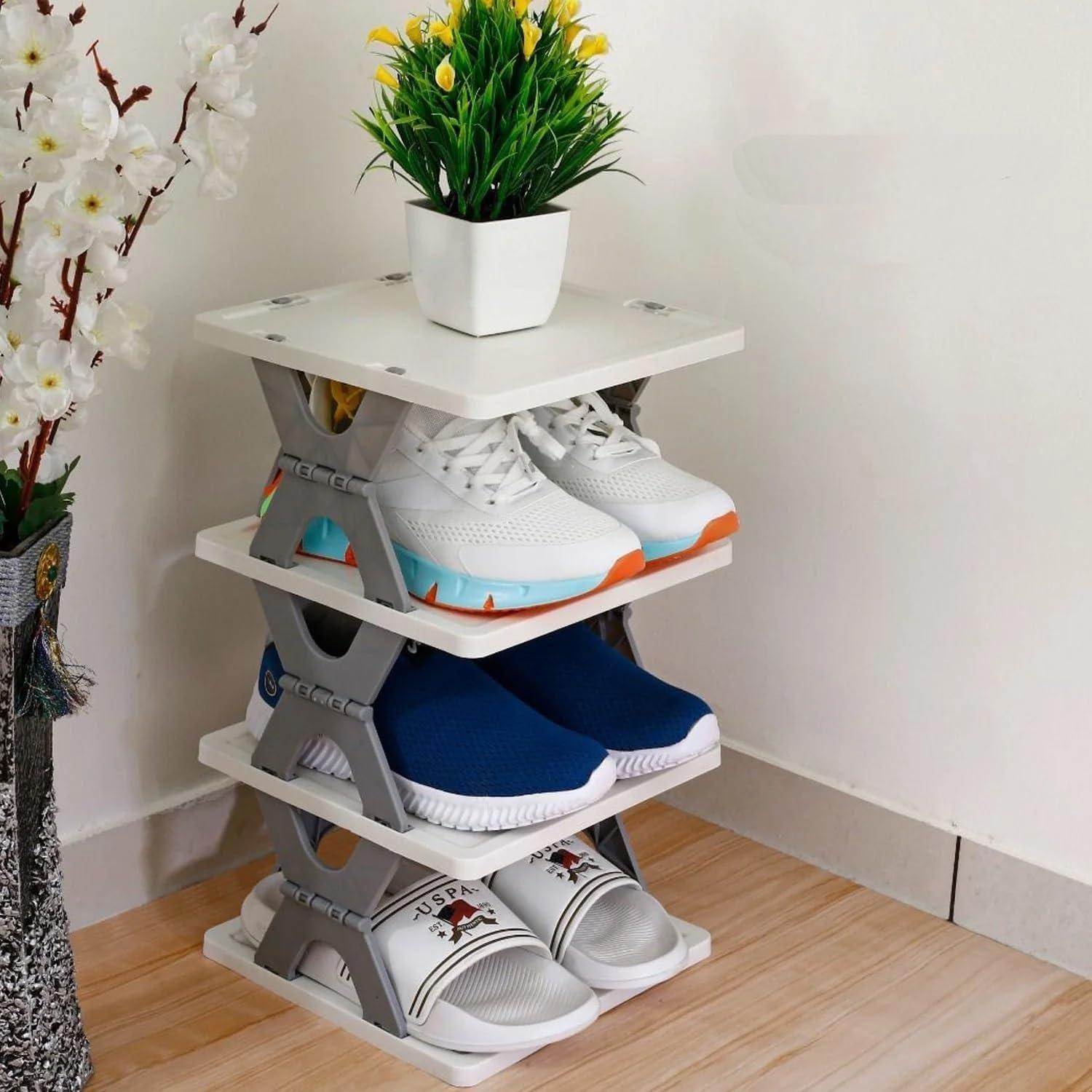 Grey 3-layer foldable space-saving shoes rack by 18057, collapsible shoe rack for organized footwear storage.