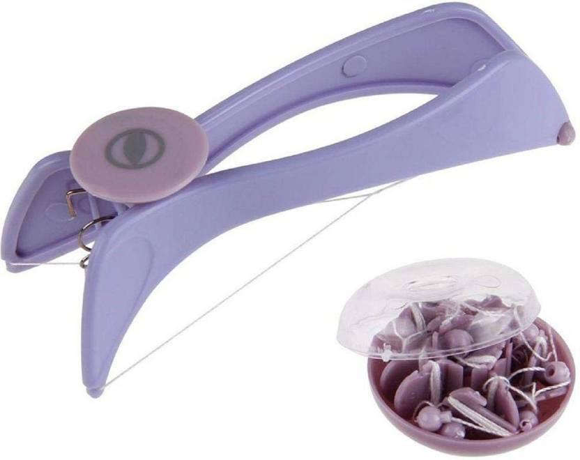 Purple Piesome eyebrow and face hair threading system with tweezers and threading machine for women, used for makeup removal.