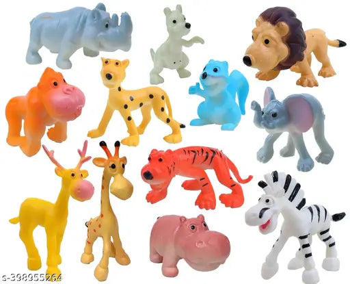 Set of 12 funny jungle animal toys from 18057, featuring mini cartoon forest animals for kids' play and imaginative fun.