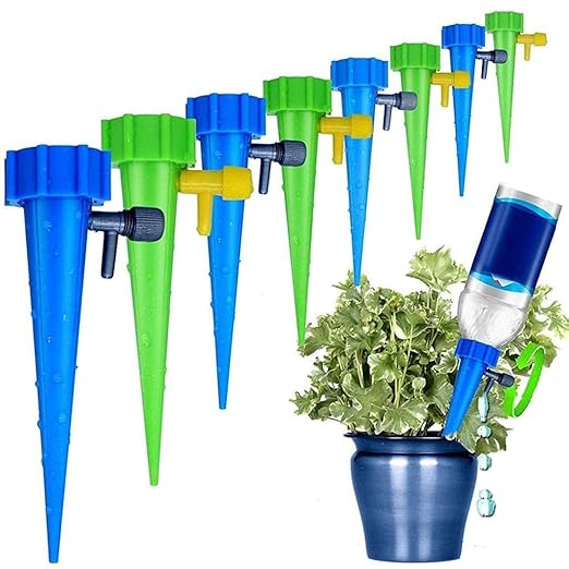 Set of 10 drip irrigation kits with self-watering spikes, control valves, and garden sprayers for efficient home garden watering.