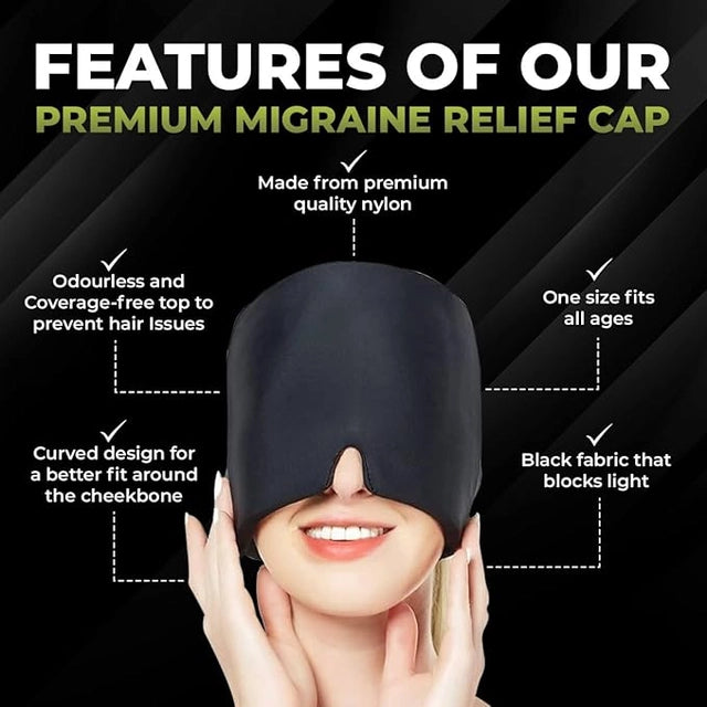 Migraine relief cap for headaches, sinus pain, and tension relief, designed for men and women, made of soft fabric.