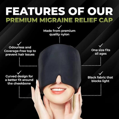 Migraine relief cap for headaches, sinus pain, and tension relief, designed for men and women, made of soft fabric.
