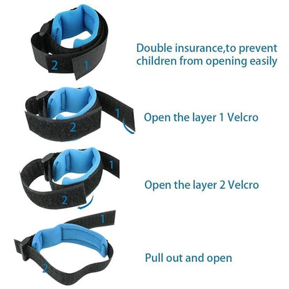 Multi-color baby safety wrist link with lock and key, designed as a kids' safety harness and band for preventing loss.