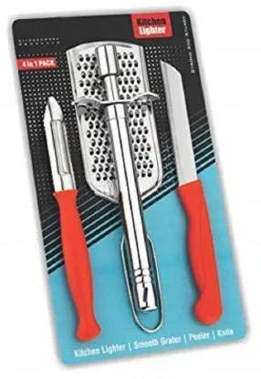 Four-piece 18057 kitchen set including peeler, cheese grater, gas lighter, and knife for daily utility use.