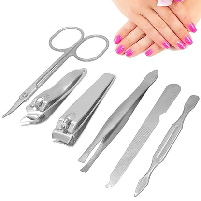 Silver SJ 6-in-1 nail art and pedicure kit with clippers, tweezers, ear pick, and cutter tools for manicure and personal grooming