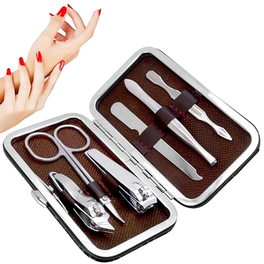 18057 6-in-1 nail art clipper set includes manicure, pedicure, tweezer, cutter, and earpick tools in silver for grooming.