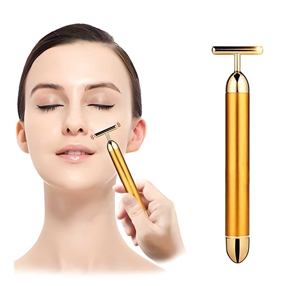 Gold 24K energy beauty bar electric facial massage roller by 18057, designed for skin rejuvenation and relaxation.