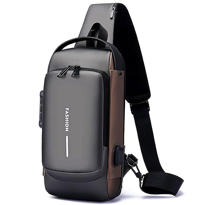Black crossbody sling bag for men and women with anti-theft design, USB port, waterproof fabric, casual shoulder style.
