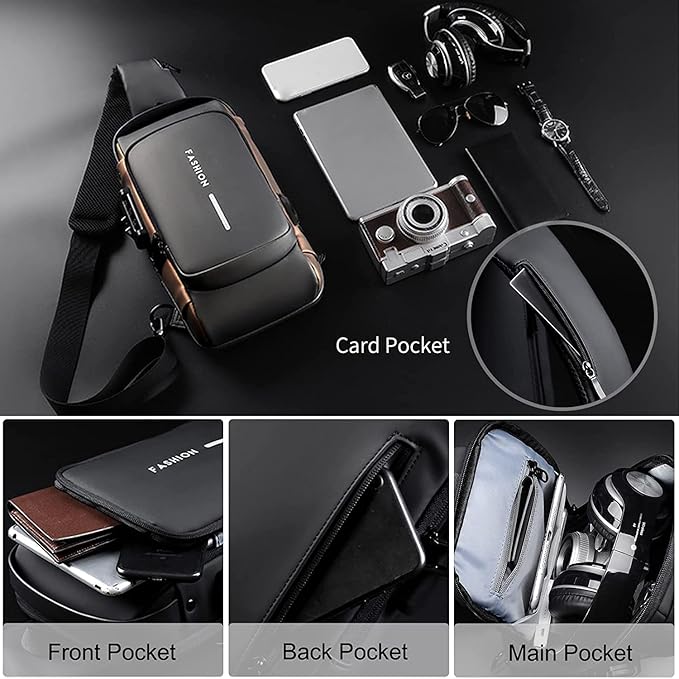 Black crossbody sling bag for men and women with USB port, waterproof casual design, anti-theft features, and adjustable shoulder strap.