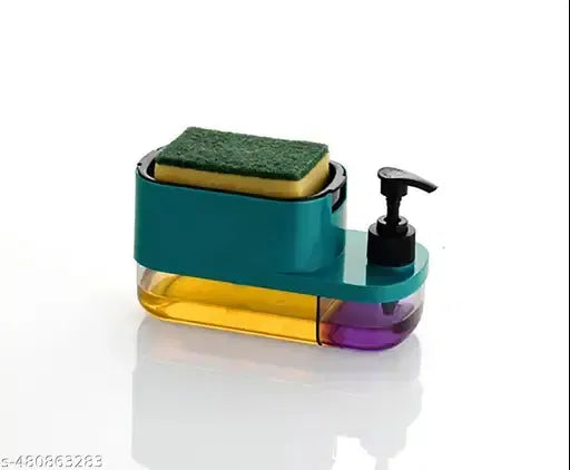 Multicolor 3-in-1 soap dispenser for kitchen with pump and sponge holder, designed for dishwashing liquid and kitchen cleaning.