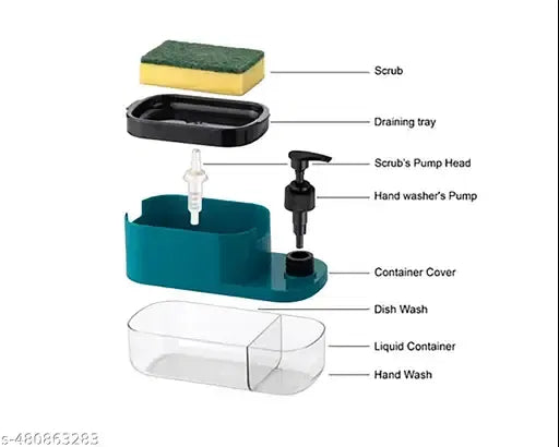 Multicolor 3-in-1 soap dispenser for kitchen with pump, sponge holder, and liquid dispenser for dishwashing and cleaning.