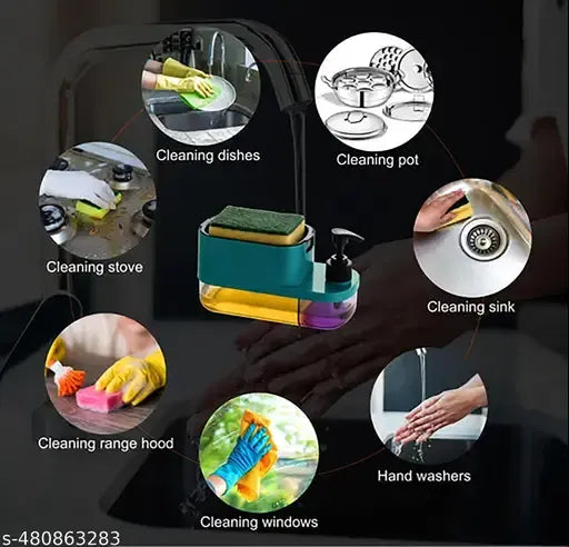 Multicolor 3-in-1 soap dispenser for kitchen with pump, sponge holder, and liquid dispenser for dishwasher and cleaning.