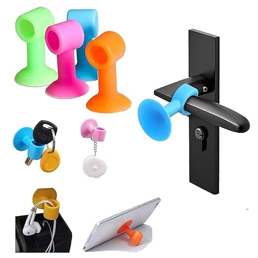 Set of two multicolor silicone door stoppers with bumper guards, designed to prevent door handle collisions and protect walls.
