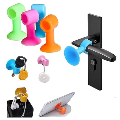 Set of two multicolor silicone door stoppers with bumper guards, designed to prevent door handle collisions and protect walls.