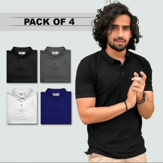 Set of four men's active poly-cotton T-shirts with collars in multiple colors, available in M, L, XL, XXL sizes.